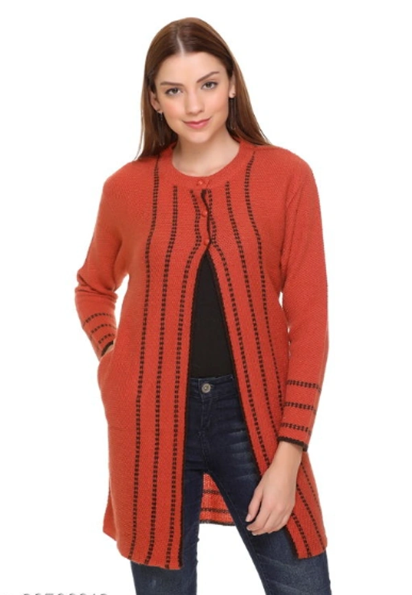 CLAPTON Women Round Neck Rust Full Sleeve With Pocket Wool Cardigan (Outer Long) - M, Rust, Wool, Pack of1